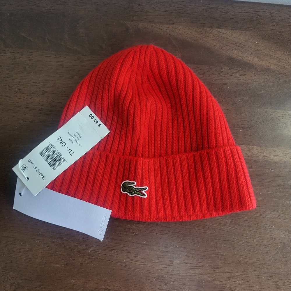 Brand New Lacoste Red Ribbed Beanie ( Never Worn)